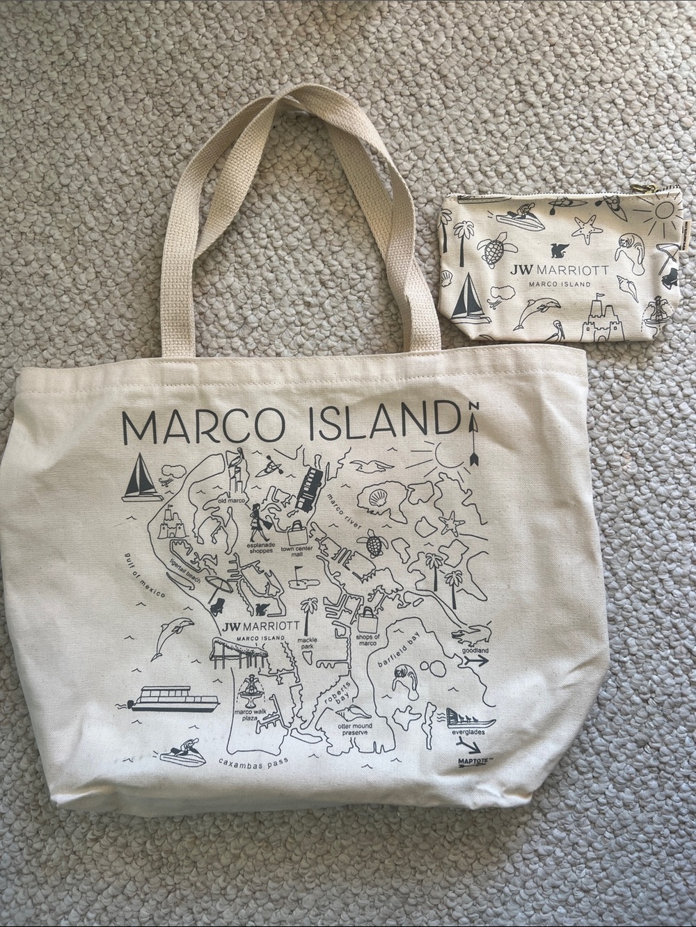 Marco Island Canvas JW Marriott Map Tote Bag in Natural w/Small Zipped Bag